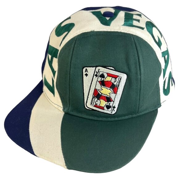 Las Vegas Snapback Hat Spell Out with Embroidered Playing Card Green Blue VTG - Picture 1 of 9